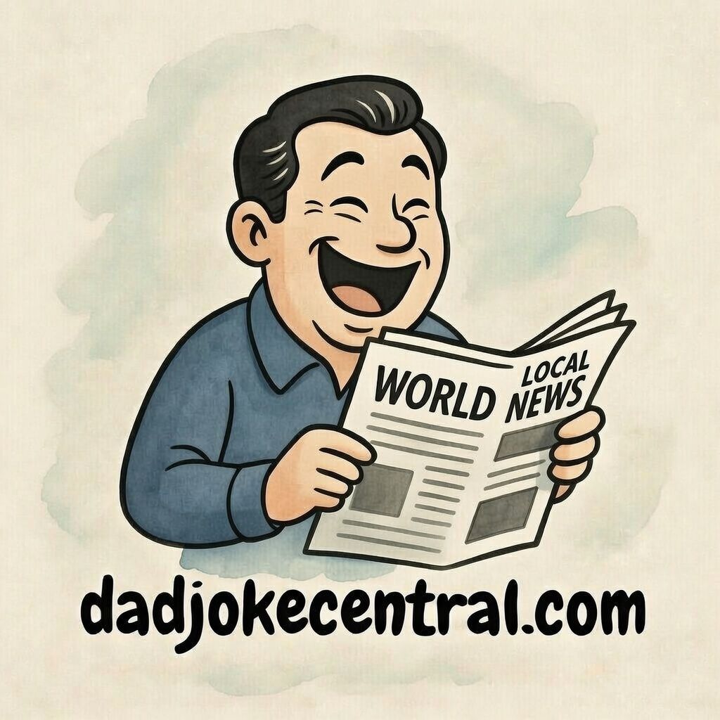Dad Joke Central — a laughing dad reading the newspaper